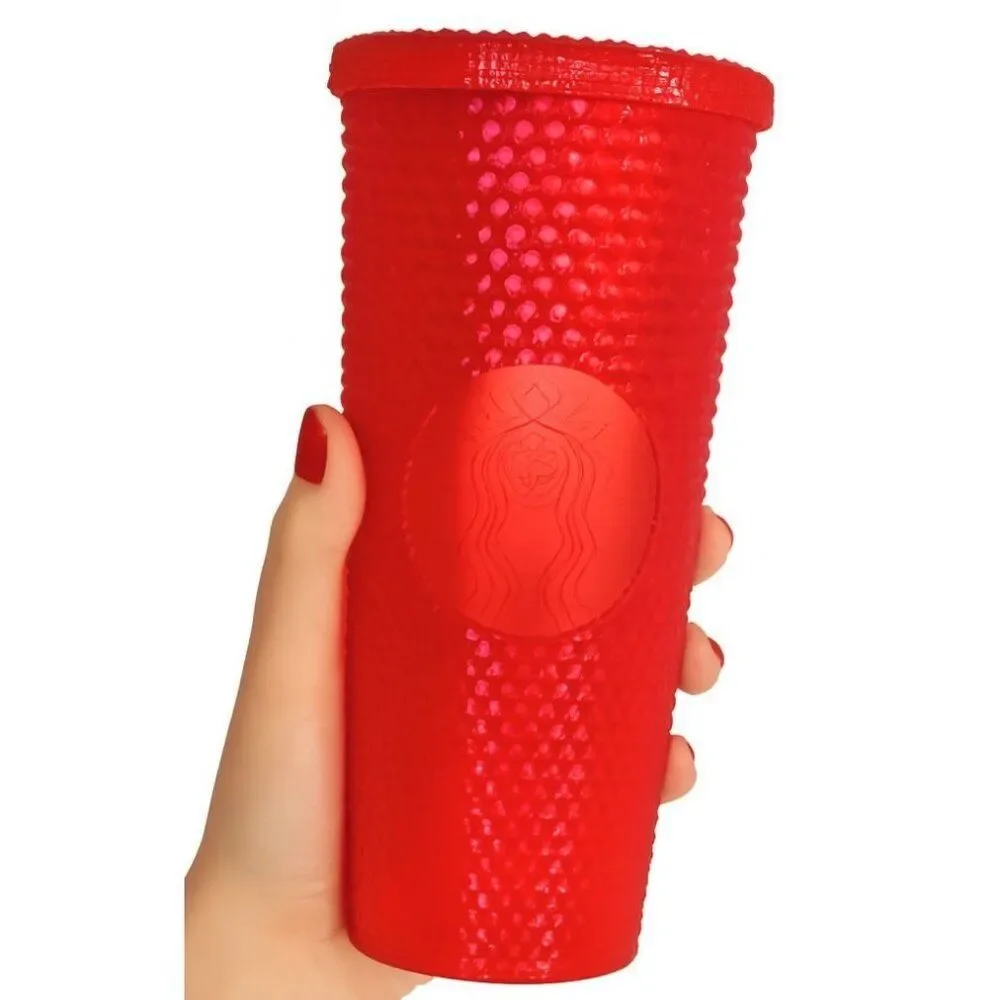 24 oz Starbucks Coffee Travel Tumbler 2023 Ruby Hot Pink Studded Venti COLD CUP